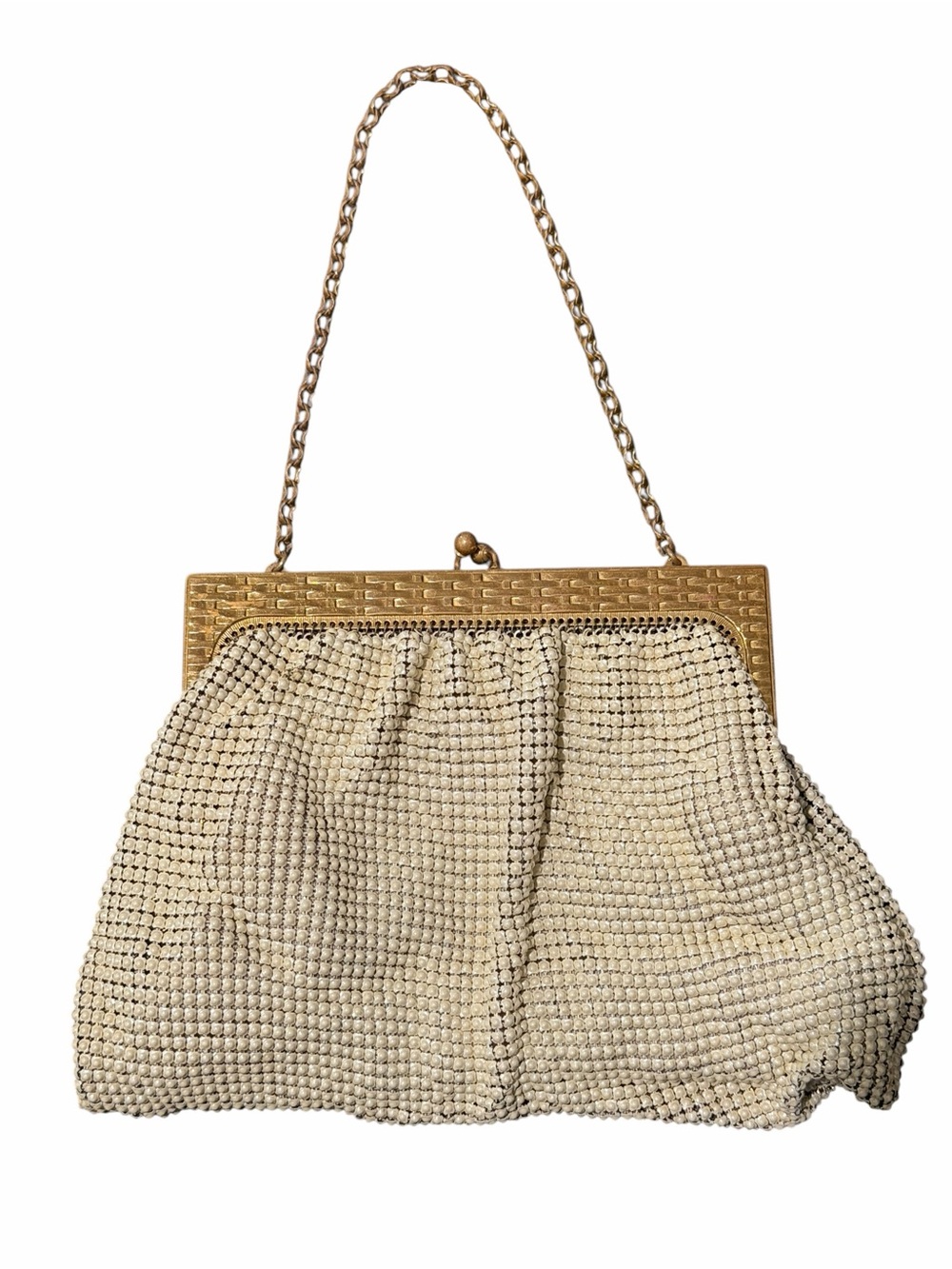 Vintage Whiting & Davis Cream Enamel Mesh Evening Bag Gold Tone Metal Frame